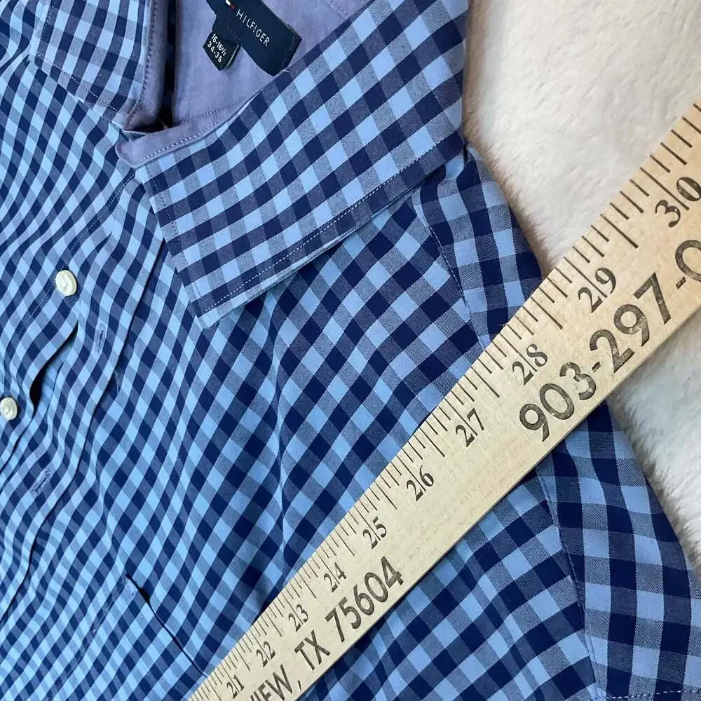 Tommy Hilfiger Men's Blue Gingham Slim Fit Long Sleeve Dress Shirt 16-16.5 34-35